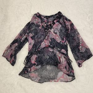 Lucky Brand Blue and Pink Floral Pattern V-Neck Bell Sleeve Side Tie Silk Blouse